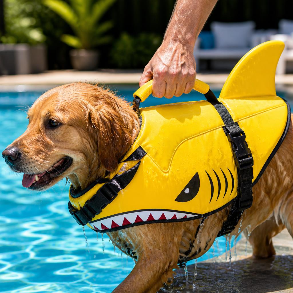 Hand lifting a wet dog out of a pool using the reinforced rescue handle
