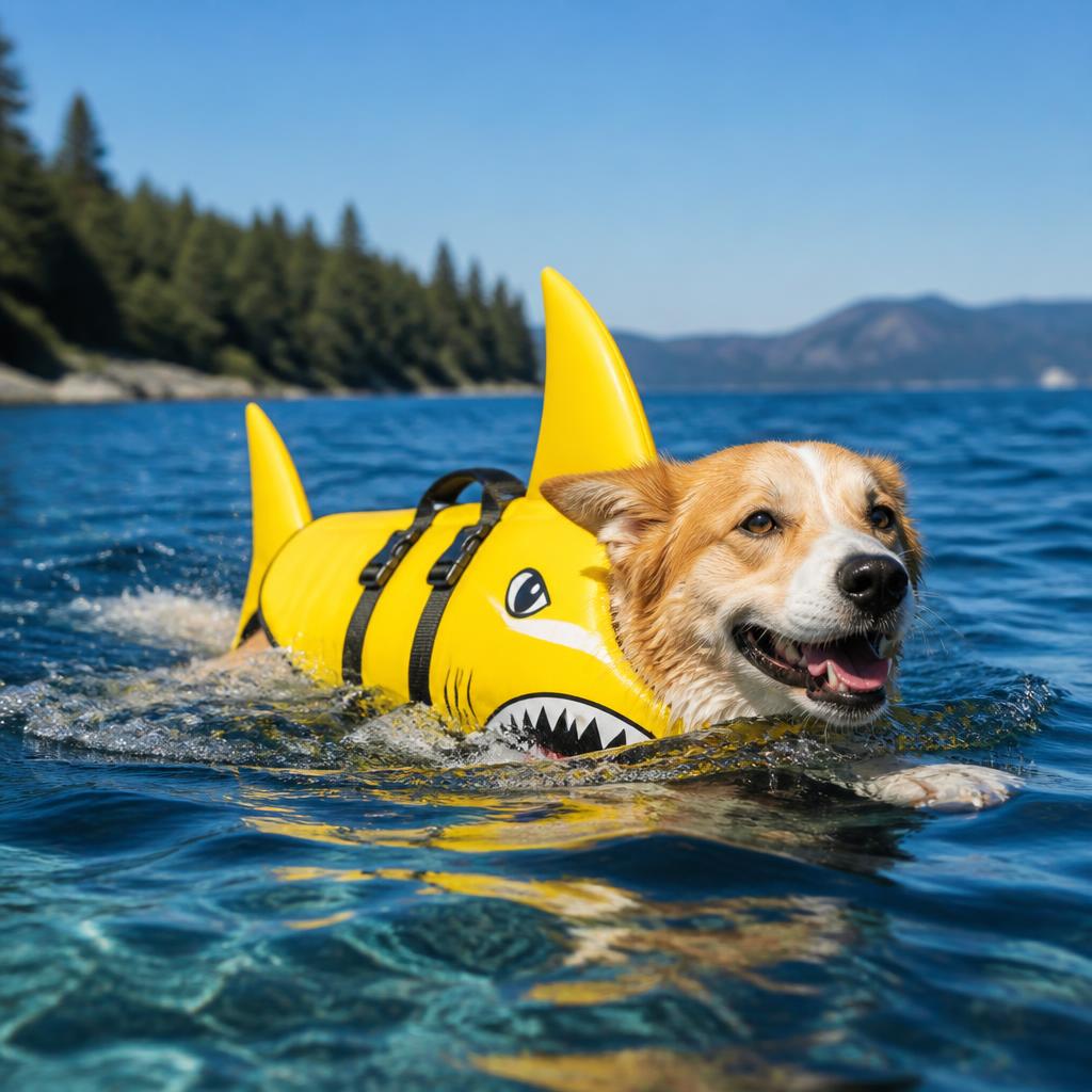Happy dog swimming confidently in a lake wearing a yellow shark life vest